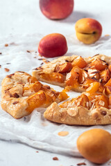 Galette tart pie with fresh apricot on light background