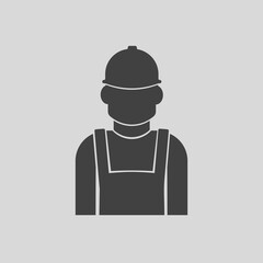 Worker with hardhat or helmet, construction builder black vector icon. Workman employee contractor symbol.