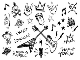 Punk rock n roll elements collection. Vector hard rock doodle illustrations, signs, objects, symbols. Cartoon rock star icon for music band, concert, party. Isolated on white background - obrazy, fototapety, plakaty