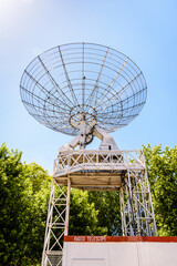 Low angle view of the 10-meter across radio telescope in the parc de la Villette in Paris, France,...