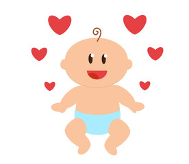 Small child and hearts on a white background. Vector illustration.