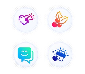 Love message, Smile face and Christmas holly icons simple set. Button with halftone dots. Love gift sign. Heart, Chat, Ilex aquifolium. Holidays set. Gradient flat love message icon. Vector