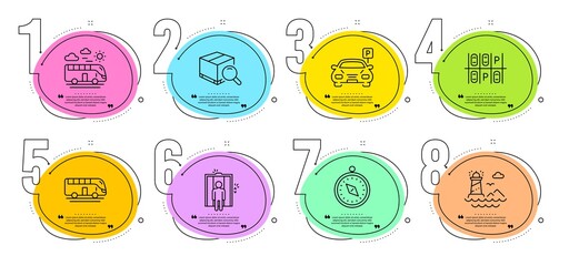 Lighthouse, Parking place and Bus travel signs. Timeline steps infographic. Travel compass, Search package and Parking line icons set. Bus tour, Elevator symbols. Vector