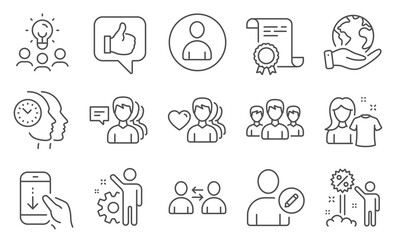 Set of People icons, such as Time management, Group. Diploma, ideas, save planet. People, Man love, Scroll down. Edit user, Employee, Communication. Like, Discount, Clean shirt. Vector