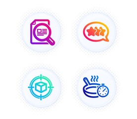 Stars, Parcel tracking and Check article icons simple set. Button with halftone dots. Frying pan sign. Customer feedback, Box in target, Magnifying glass. Cooking timer. Business set. Vector