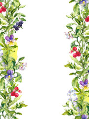 Floral border - field flowers, summer berries, herbs, meadow grass. Botanical watercolor. Repeated frame