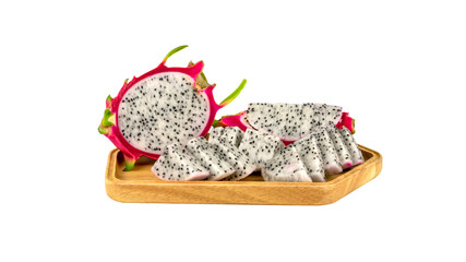 Fototapeta na wymiar Dragon fruit sliced in wooden tray isolated on white, clipping path
