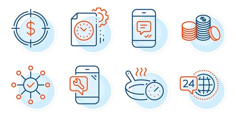 Phone repair, 24h service and Banking money signs. Message, Survey check and Project deadline line icons set. Frying pan, Dollar target symbols. Phone messenger, Correct answer. Vector