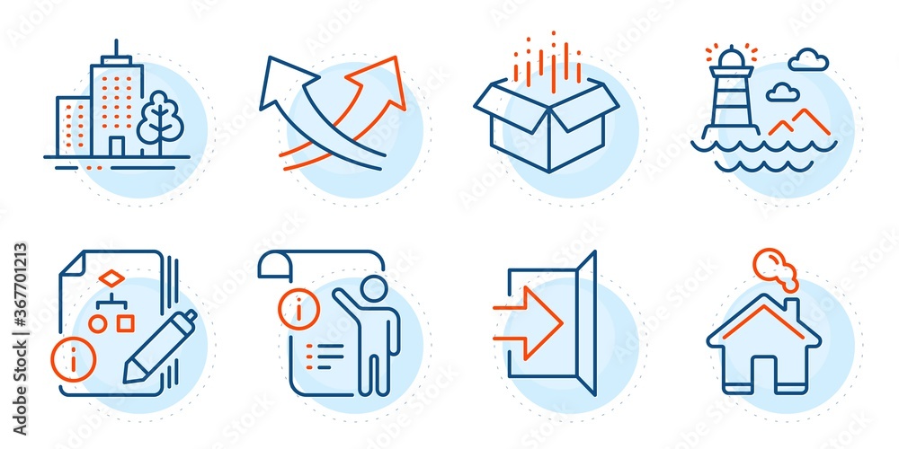 Poster skyscraper buildings, intersection arrows and algorithm signs. manual doc, lighthouse and open box l
