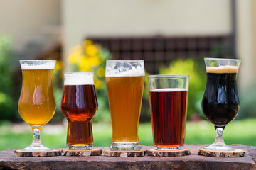 Five types of beer. Different colors of beer.