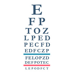 Eyes test chart with latin letters. Testing board for verification of patient. Vision test banner. Vector illustration flat design. Isolated on white background.