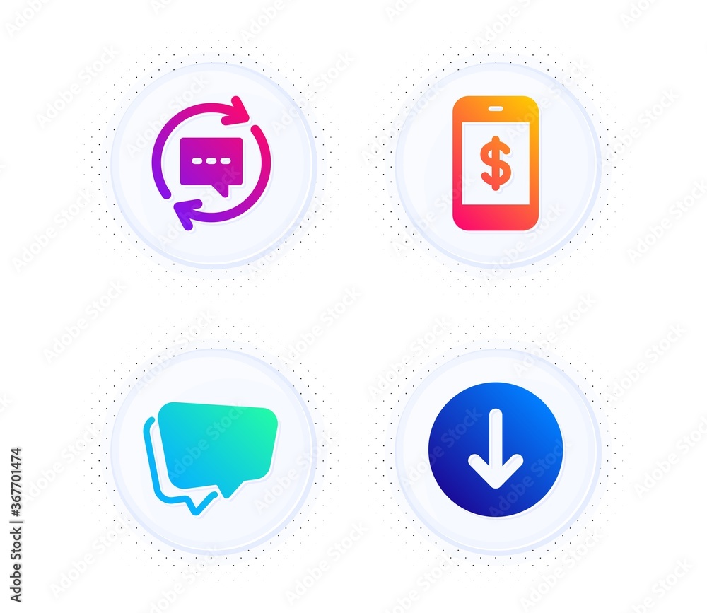 Poster update comments, speech bubble and smartphone payment icons simple set. button with halftone dots. s