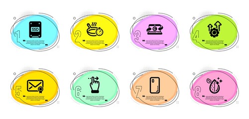 Copywriting notebook, Ssd and Touchscreen gesture signs. Timeline infographic. Seo gear, Frying pan and Dirty water line icons set. Smartphone cover, Verified mail symbols. Vector