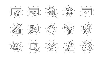 Website stats, Target and Increase sales signs. Seo line icons. Traffic management, social network and seo optimization icons. Linear set. Geometric elements. Quality signs set. Vector