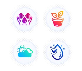 Leaves, Sunny weather and Safe water icons simple set. Button with halftone dots. Water drop sign. Grow plant, Summer, Hold drop. Clean aqua. Nature set. Gradient flat leaves icon. Vector