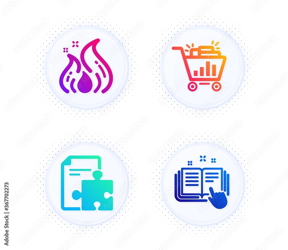 Poster strategy, fire energy and seo shopping icons simple set. button with halftone dots. technical docume