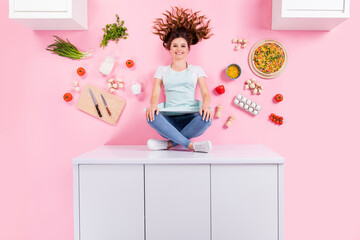 Top above high angle full size photo positive confident chef girl sit kitchen table prepare yummy...