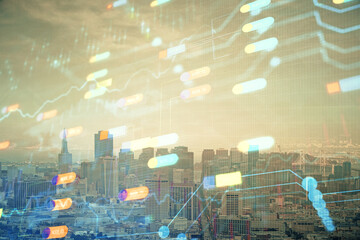 Data theme hologram drawing on city view with skyscrapers background double exposure. Technology concept.