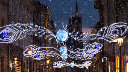 Blue Christmas illumination in city street in snowy night.