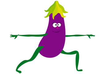 Vegetable yoga aubergine/ Cartoon aubergine practicing yoga warrior II pose