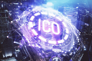 Fototapeta premium Multi exposure of cryptocurrency theme hologram drawing and city veiw background. Concept of blockchain and bitcoin.