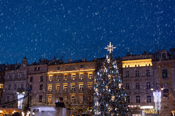 Large christmas tree illuminated at night standing on the Main Market Square in Krakow.