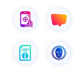 Technical info, Chat message and Seo phone icons simple set. Button with halftone dots. Face detect sign. Documentation, Speech bubble, Search engine. Select target. Technology set. Vector