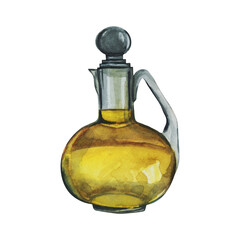 Watercolor bottle of olive oil. Illustration drawn by watercolor paint by hand. White background. Illustration for printing, paper design, typography, wallpaper, textiles.
