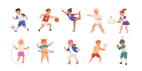 Happy children playing sport game, doing physical exercise. Training set. Football, baseball, tennis, karate. Active healthy childhood. Flat vector cartoon illustration isolated on white background © Good Studio