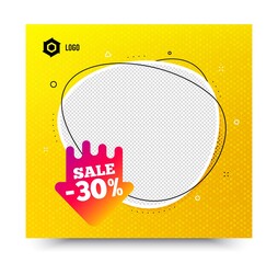 Sale 30 percent off badge. Yellow banner template. Discount banner shape. Coupon arrow icon. Social media banner with chat bubble. Online shopping web template. Sale 30% promotion bubble. Vector