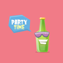 vector cartoon funky beer bottle character with sunglasses isolated on pink background. Vector funny beer label or poster design template. International beer day cartoon comic poster or banner