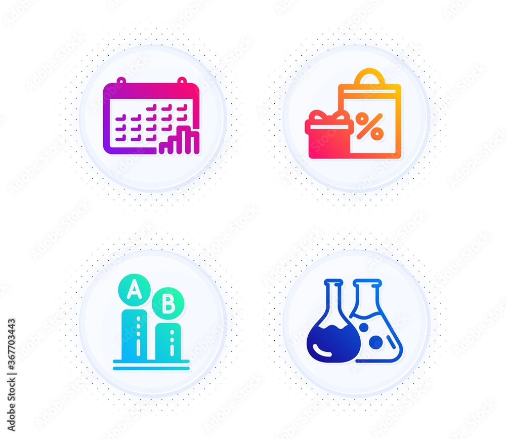 Poster shopping, calendar graph and ab testing icons simple set. button with halftone dots. chemistry lab s