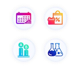 Shopping, Calendar graph and Ab testing icons simple set. Button with halftone dots. Chemistry lab sign. Gifts and sales, Annual report, Test chart. Laboratory. Business set. Vector