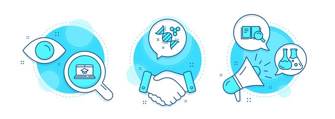 Chemistry lab, Chemistry dna and Search book line icons set. Handshake deal, research and promotion complex icons. Website education sign. Laboratory, Chemical formula, Online education. Vector