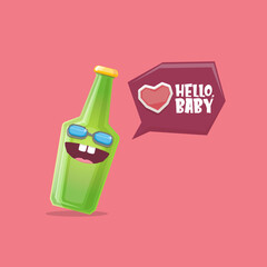 vector cartoon funky beer bottle character with sunglasses isolated on pink background. Vector funny beer label or poster design template. International beer day cartoon comic poster or banner