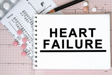 Notebook page with text HEART FAILURE on a table with a pills and pencil, medical concept, top view