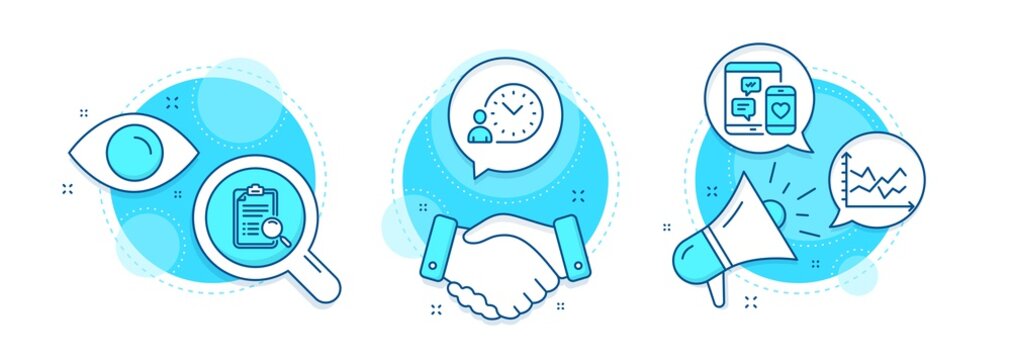 Diagram chart, Social media and Time management line icons set. Handshake deal, research and promotion complex icons. Search analysis sign. Presentation graph, Mobile devices, Work time. Vector