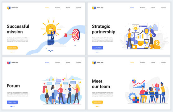 Teamwork, business partnership strategy vector illustrations. Cartoon flat creative interface web design with strategic business analysis of partners, project team management, cooperation banner set