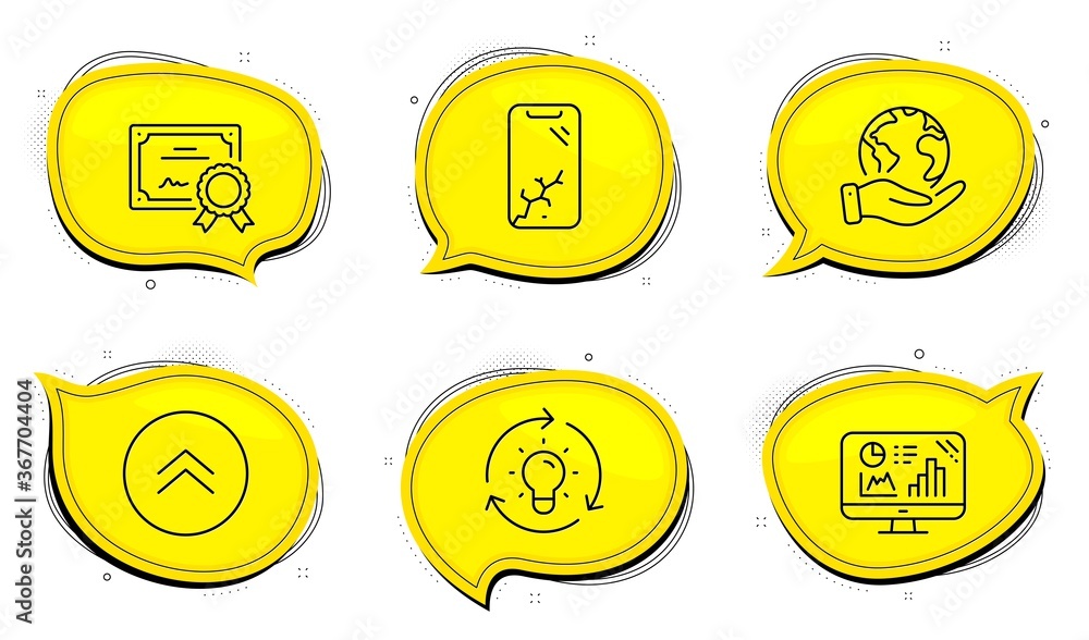 Poster analytics graph sign. diploma certificate, save planet chat bubbles. swipe up, smartphone broken and