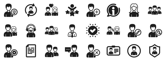 Male and Female Profile, Group and Support icons. User people icons. ID card, Teamwork people and Businessman symbols. Couple love, Security profile and User management support. Vector