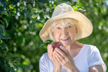 Smiling elderly woman growing apples in her garden