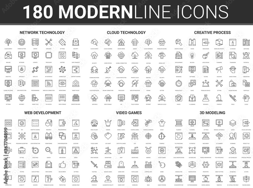 Aufkleber Data cloud digital technology vector illustration. Flat thin line icon set of creative science tech process, network web security, website and video game development, 3d modeling infographic symbols