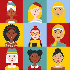 Flat women portraits, young and senior, African, Asian, Arab ethnicity. Female face avatars with different lifestyle, hairstyle, cloth, emotions vector icons. Girls characters for web, video game