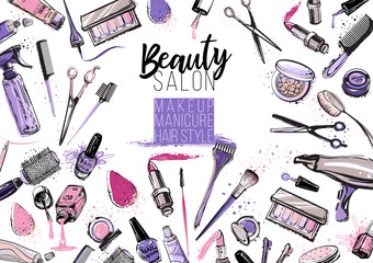 Beauty salon, manicure, makeup, hairdressing poster, flyer, template design. Fashion woman accessory illustration icon logo set isolated vector on white background