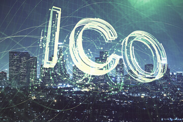 Multi exposure of cryptocurrency theme hologram drawing and city veiw background. Concept of blockchain and bitcoin.