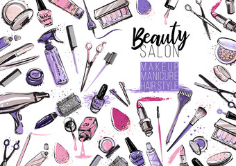 Beauty salon, manicure, makeup, hairdressing poster, flyer, template design. Fashion woman accessory illustration icon logo set isolated vector on white background