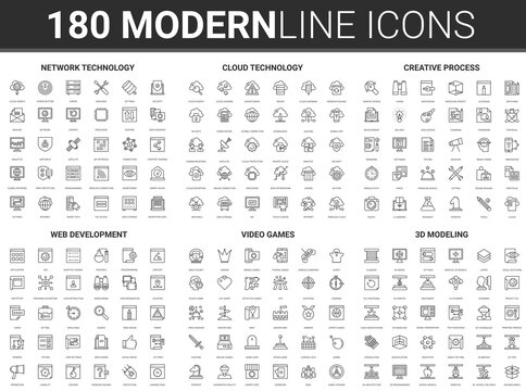 Data cloud digital technology vector illustration. Flat thin line icon set of creative science tech process, network web security, website and video game development, 3d modeling infographic symbols