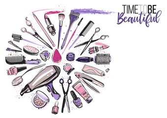 Beauty salon, manicure, makeup, hairdressing poster, flyer, template design. Fashion woman accessory illustration icon logo set isolated vector on white background