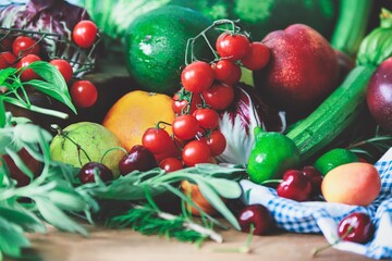 fruits and vegetables composition - natural food concept - rustic kitchen