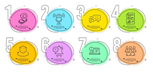 Microphone, Group and Cashback signs. Timeline steps infographic. Report document, Online documentation and Time management line icons set. Happy emotion, Augmented reality symbols. Vector